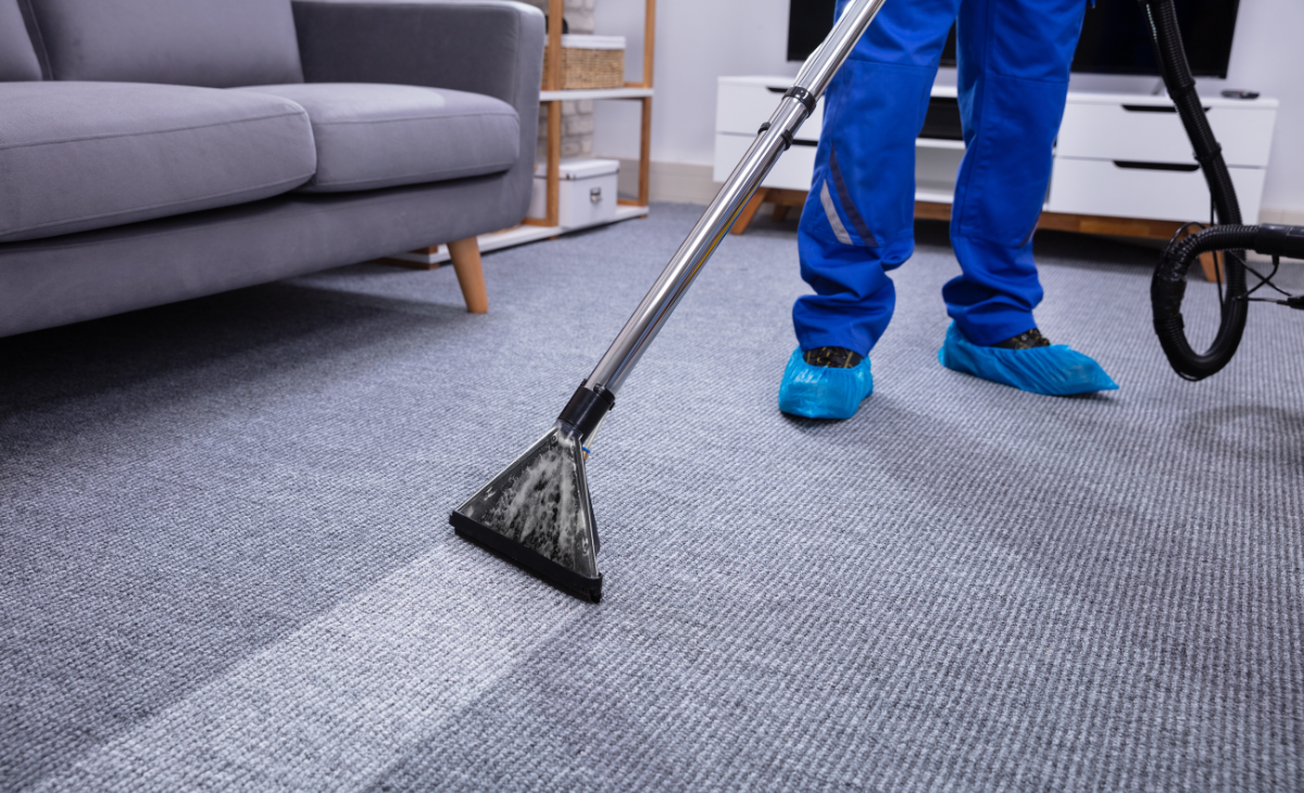 Professional carpet cleaning removing stains and allergens from a beige carpet.