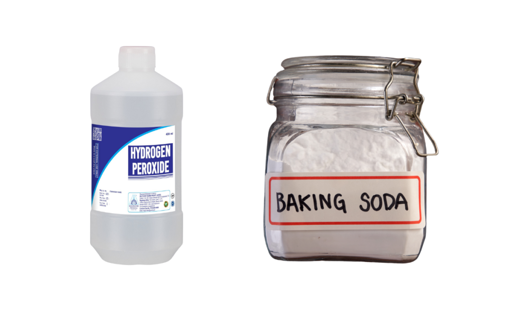 DIY carpet cleaning ingredients: hydrogen peroxide and baking soda for tough stains.